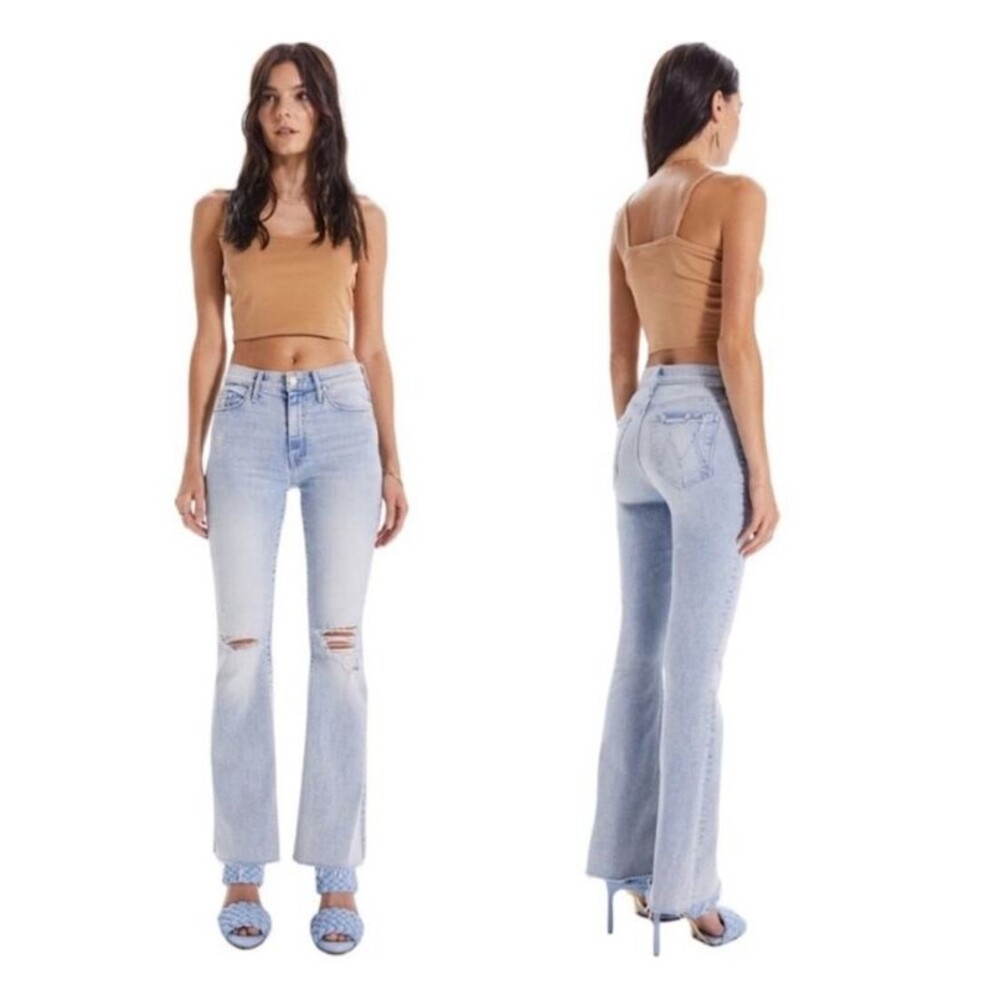 Mother Denim The Weekender Fray Jeans in Action Shot Stretch Flare Light Wash 27